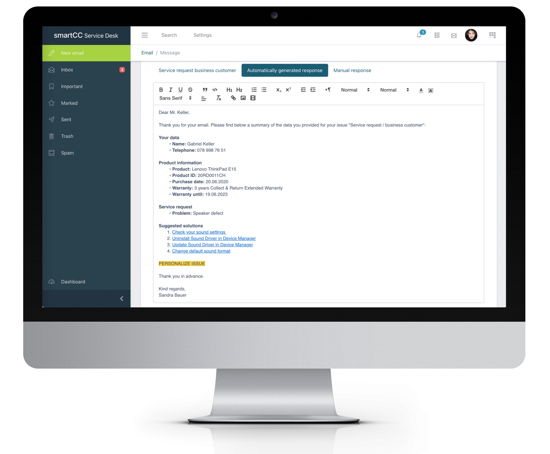 Automatically generated response email, including customer and product data, summary of service request and resolution suggestions.